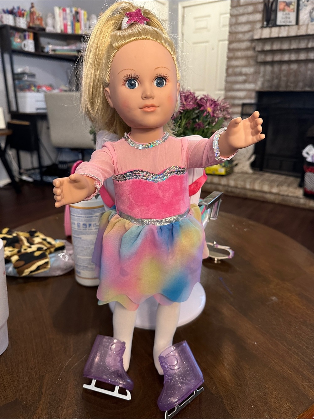 American Girl Doll in Pink Top with Rainbow Skirt and Purple Skates